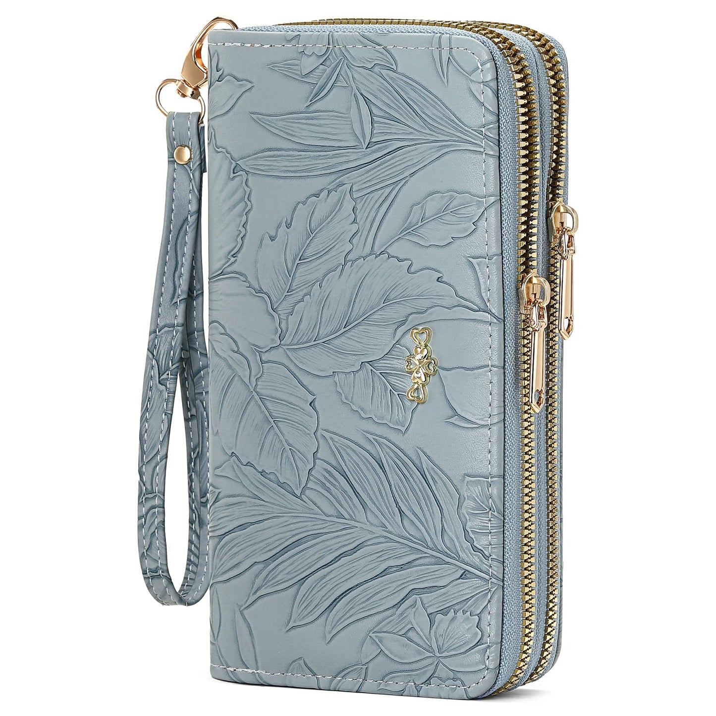 RNIEGA Cartera para mujer con doble cremallera alrededor del titular de la tarjeta de crédito, cartera de cuero para mujer, gran capacidad