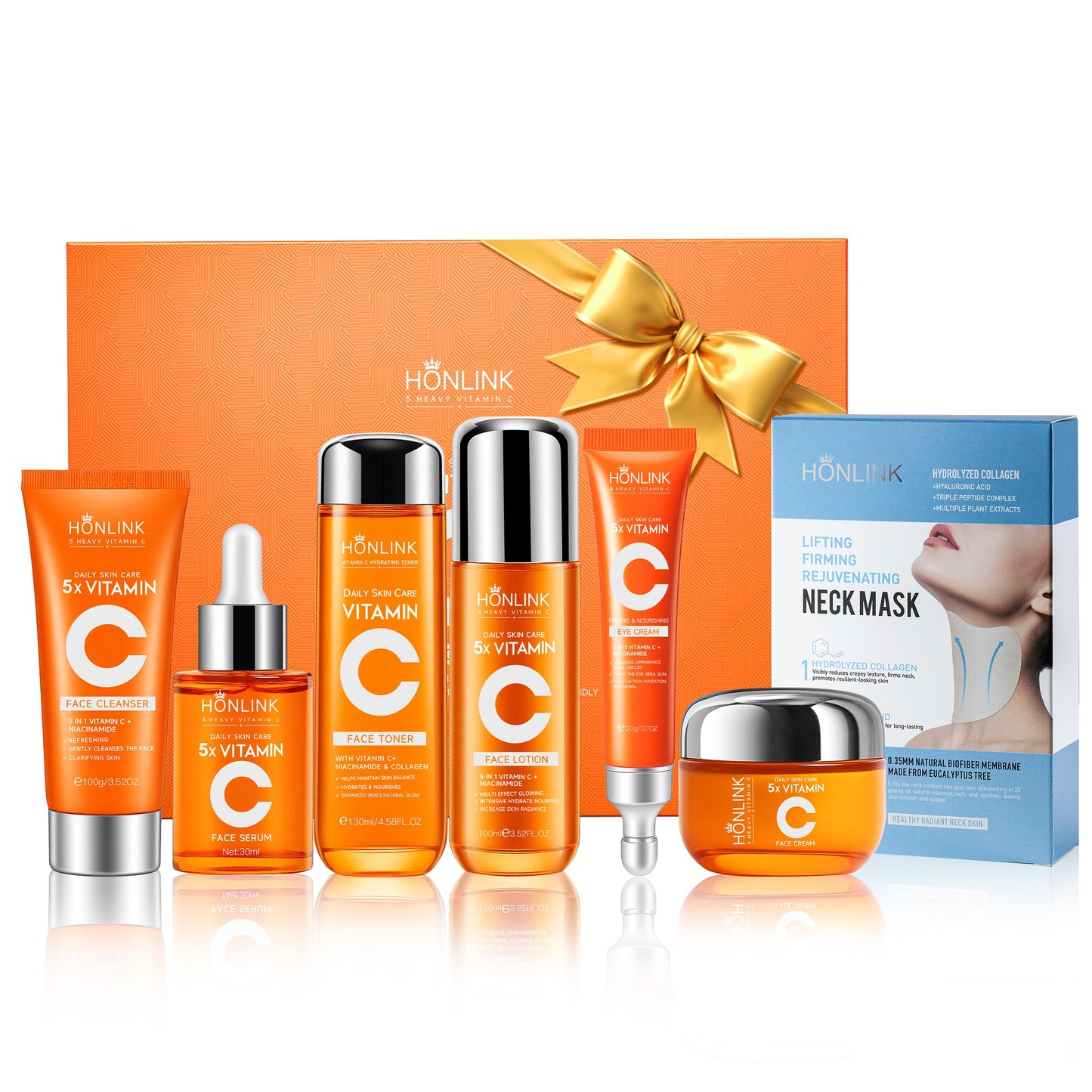 Glown - Juego de 6 piezas para el cuidado de la piel hidratante con 5X vitamina C y niacinamida colágeno, kit de cuidado facial HONLINK incluye tóner, suero facial, limpiador, humectante, crema para
