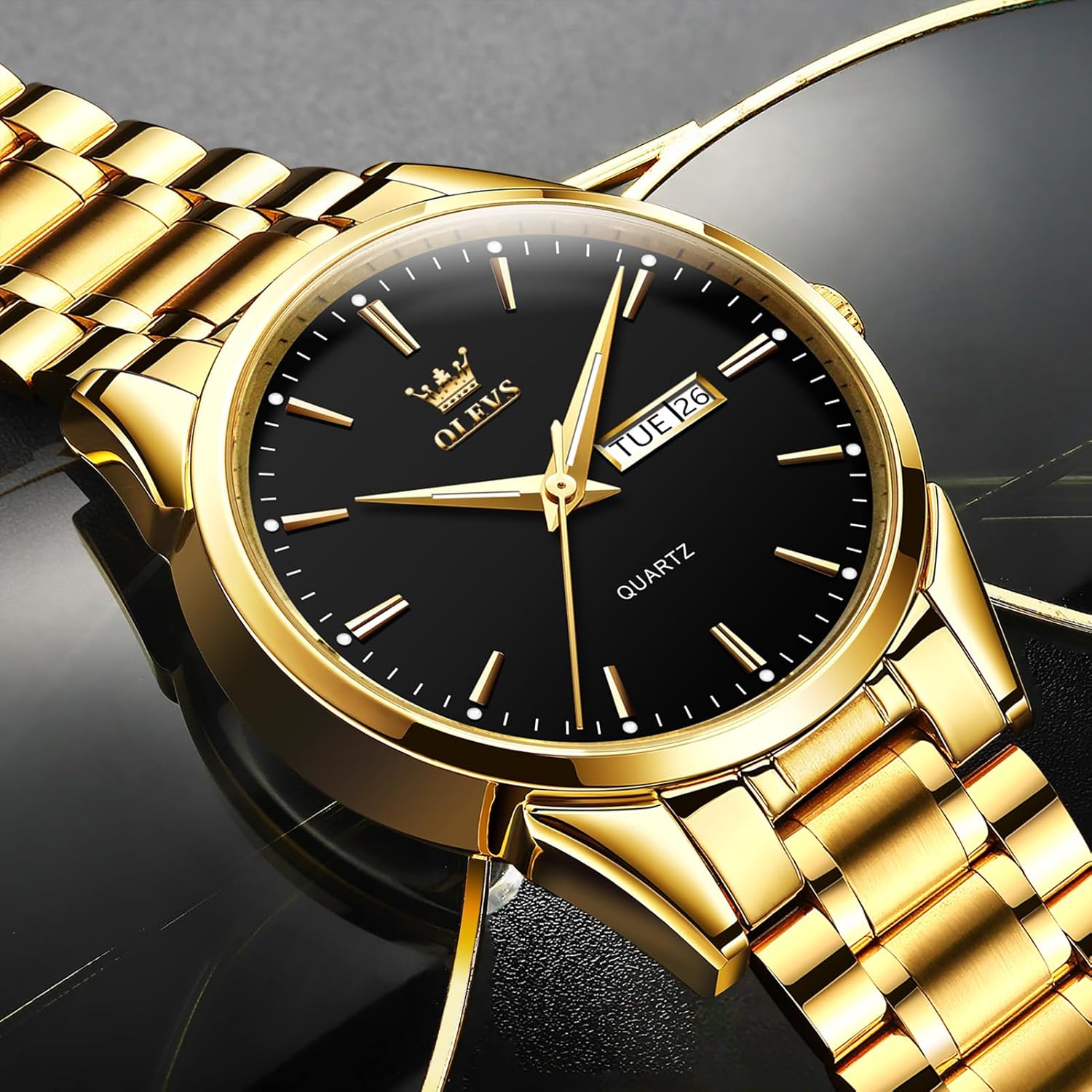 OLEVS Men's Luxury Stainless Steel Watch, Big Face Gold Silver Two Tone Three Hand Analog Quartz Watch, Easy to Read Waterproof Luminous Day Date Wrist Watches for Men