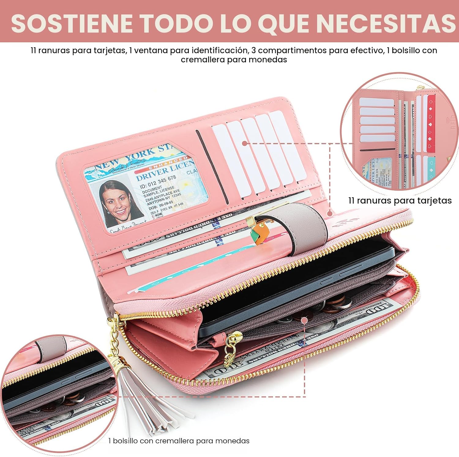 Carteras RFID para mujer con múltiples ranuras para tarjetas y compartimento para teléfono celular, cartera para mujer, Rosado/blanco/gris, Classic