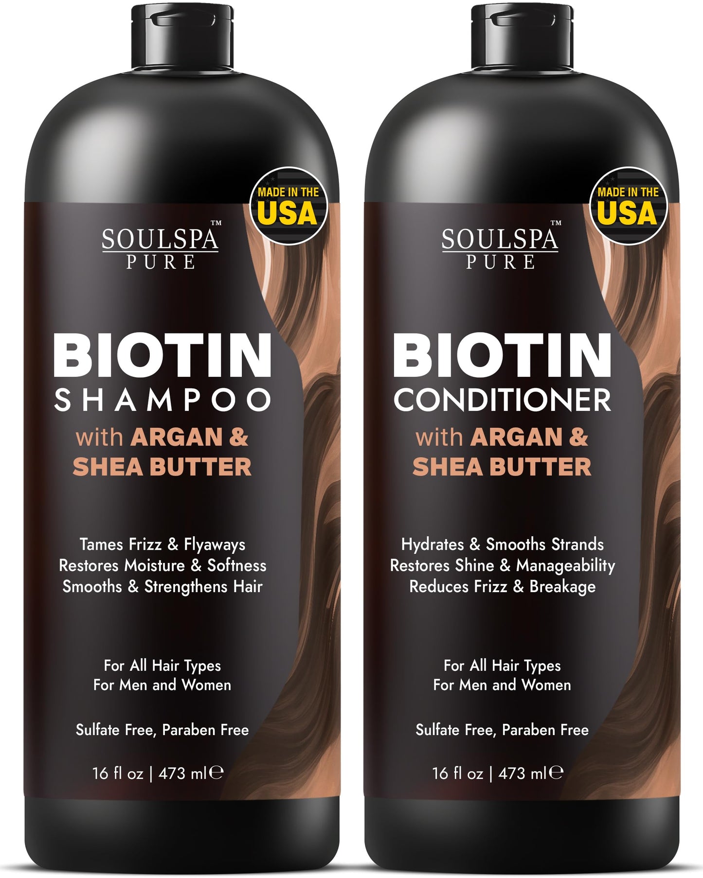 SOULSPA PURE Biotin Rice Water Shampoo and Conditioner Set - Thickening Formula with Rice Protein & Keratin - Strengthening Hair Care for Thinning Hair - Made in USA - 16 fl oz Each