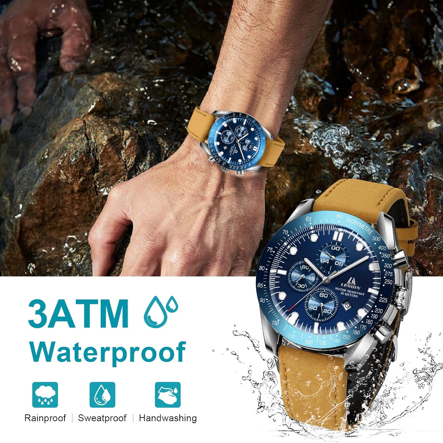 LN LENQIN Relojes para hombre, reloj de cuero, analógico, de cuarzo, para hombre, luminoso, de lujo, moderno, elegante, para negocios o vestir casual, relojes de pulsera de 30M resistentes al agua con