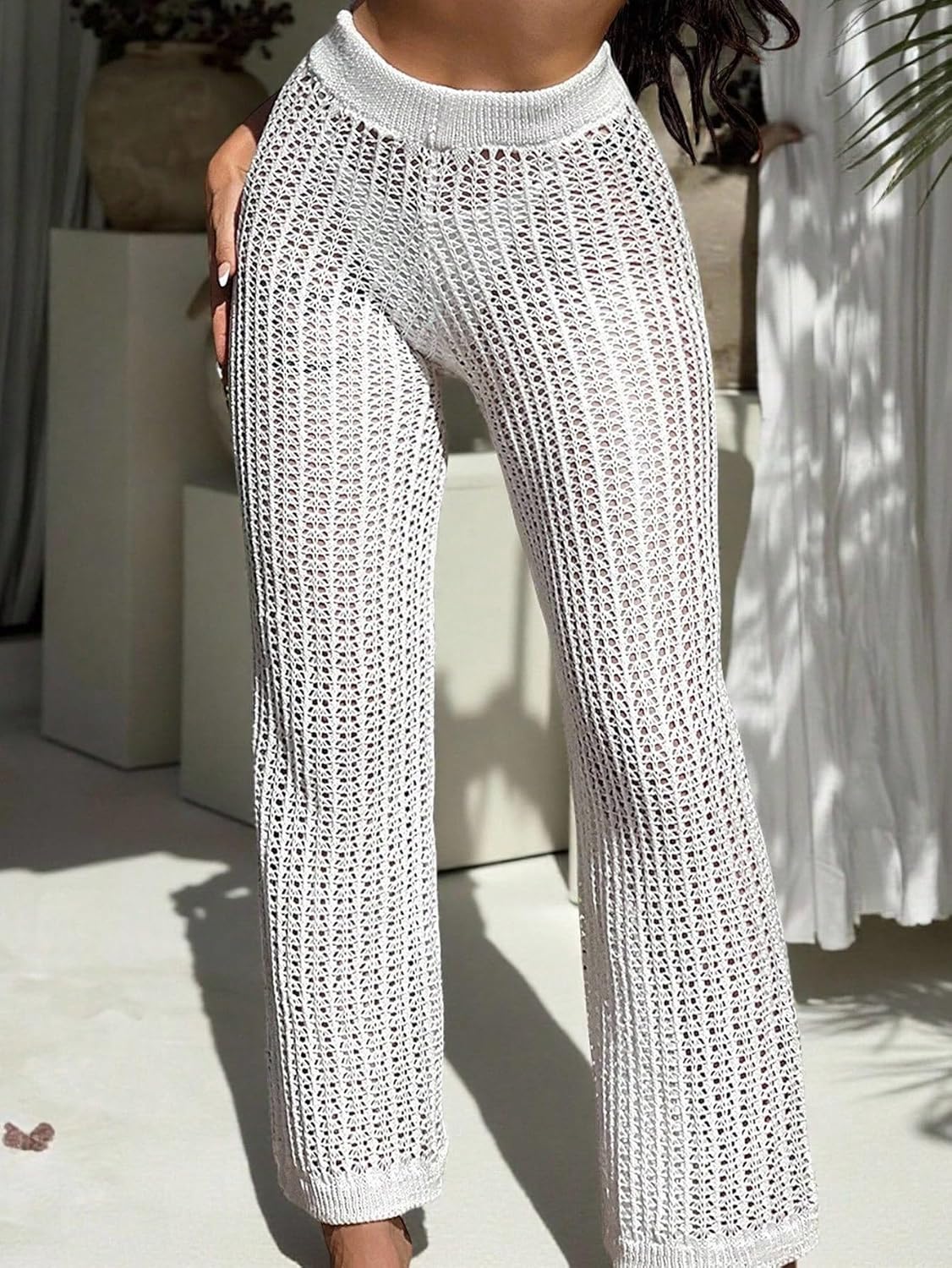 SISKIN Pantalones palazzo de ganchillo de pierna ancha, pantalones de playa fluidos de cintura alta, ropa de vacaciones para mujer