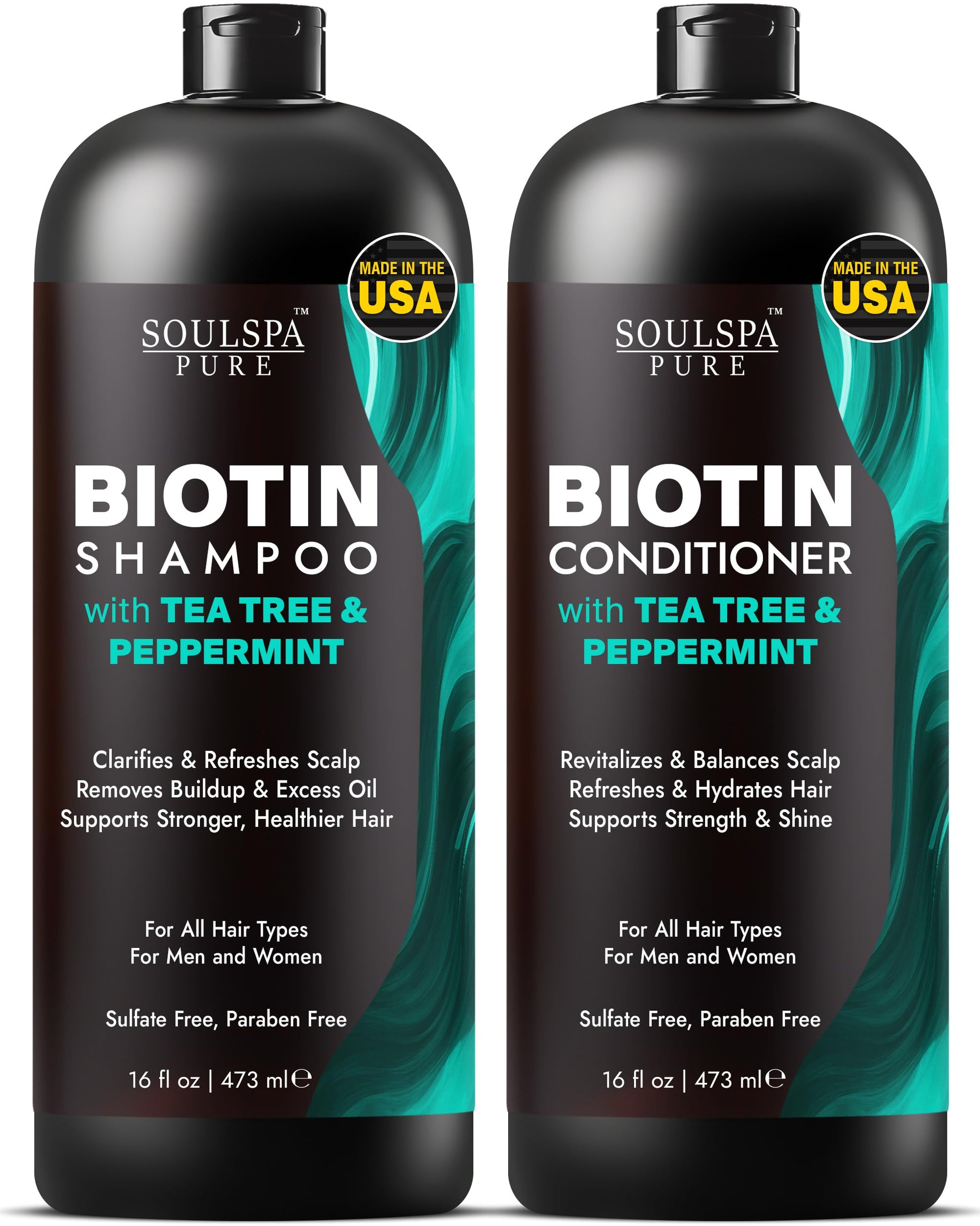 SOULSPA PURE Biotin Rice Water Shampoo and Conditioner Set - Thickening Formula with Rice Protein & Keratin - Strengthening Hair Care for Thinning Hair - Made in USA - 16 fl oz Each