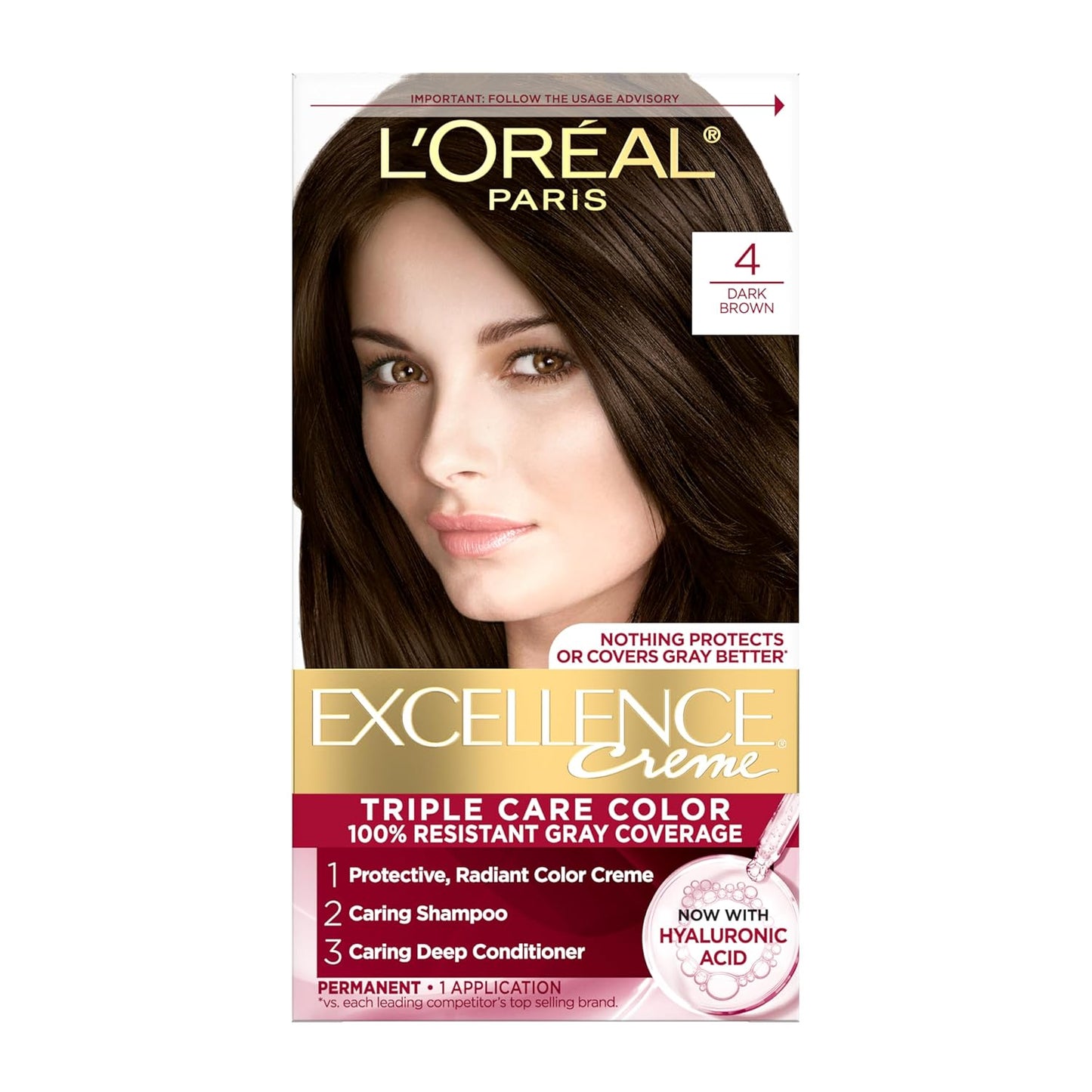 L'Oreal Paris Excellence Crème Tinte Permanente para el Cabello, Color de Cabello de Triple Cuidado con Complejo Pro-Keratine para Cobertura 100% de Canas, 4 Marrón Oscuro, 1 Kit