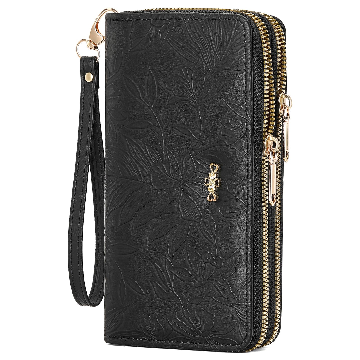RNIEGA Cartera para mujer con doble cremallera alrededor del titular de la tarjeta de crédito, cartera de cuero para mujer, gran capacidad
