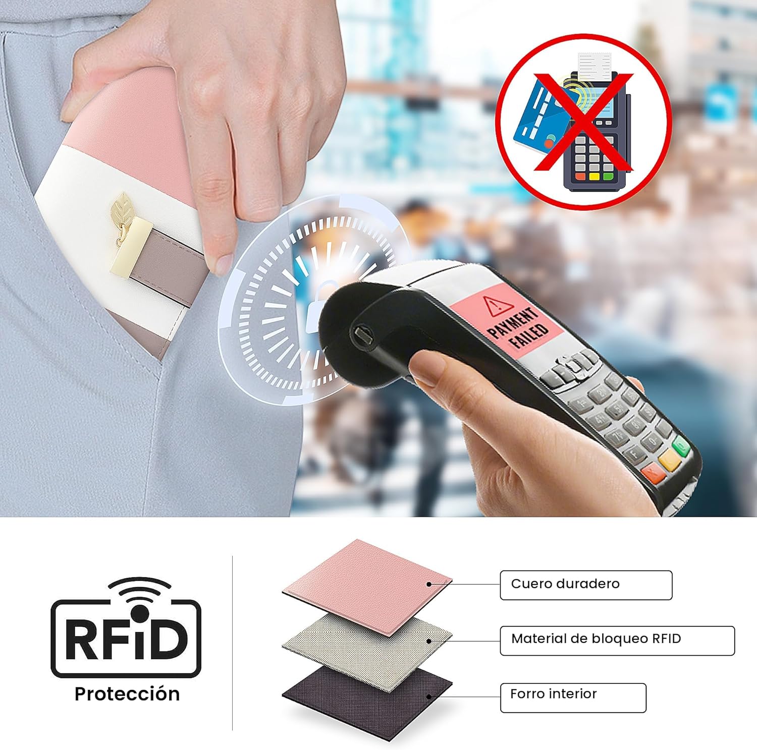 Carteras RFID para mujer con múltiples ranuras para tarjetas y compartimento para teléfono celular, cartera para mujer, Rosado/blanco/gris, Classic
