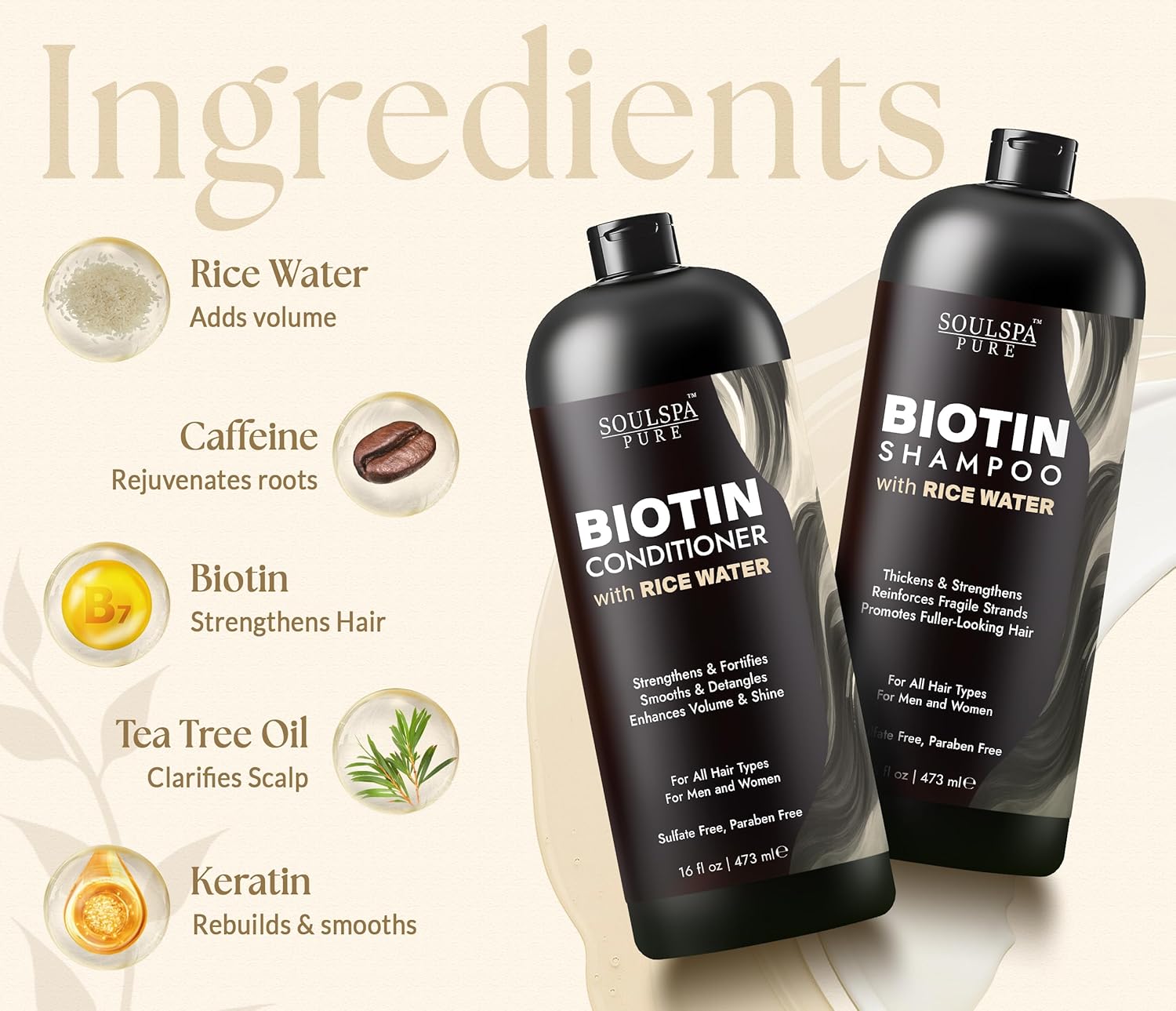 SOULSPA PURE Biotin Rice Water Shampoo and Conditioner Set - Thickening Formula with Rice Protein & Keratin - Strengthening Hair Care for Thinning Hair - Made in USA - 16 fl oz Each