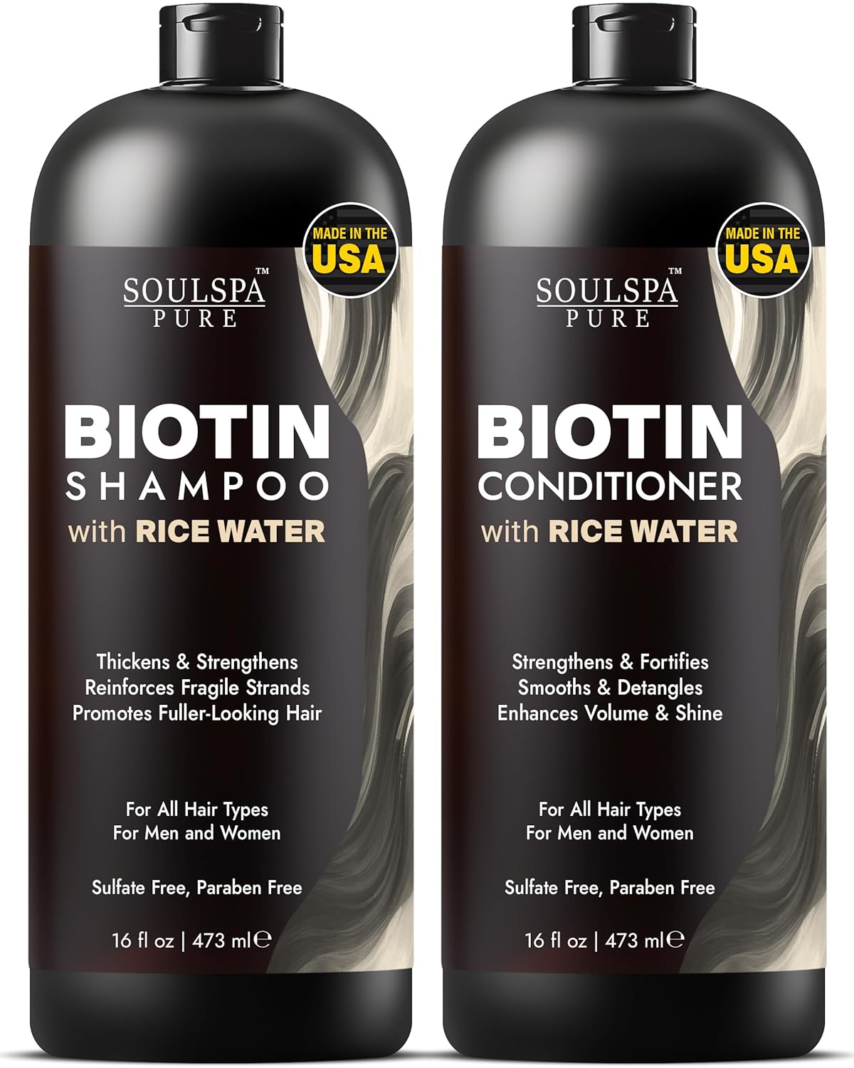 SOULSPA PURE Biotin Rice Water Shampoo and Conditioner Set - Thickening Formula with Rice Protein & Keratin - Strengthening Hair Care for Thinning Hair - Made in USA - 16 fl oz Each