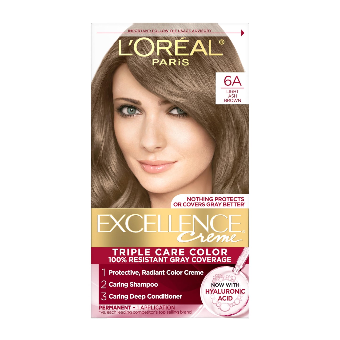 L'Oreal Paris Excellence Crème Tinte Permanente para el Cabello, Color de Cabello de Triple Cuidado con Complejo Pro-Keratine para Cobertura 100% de Canas, 4 Marrón Oscuro, 1 Kit