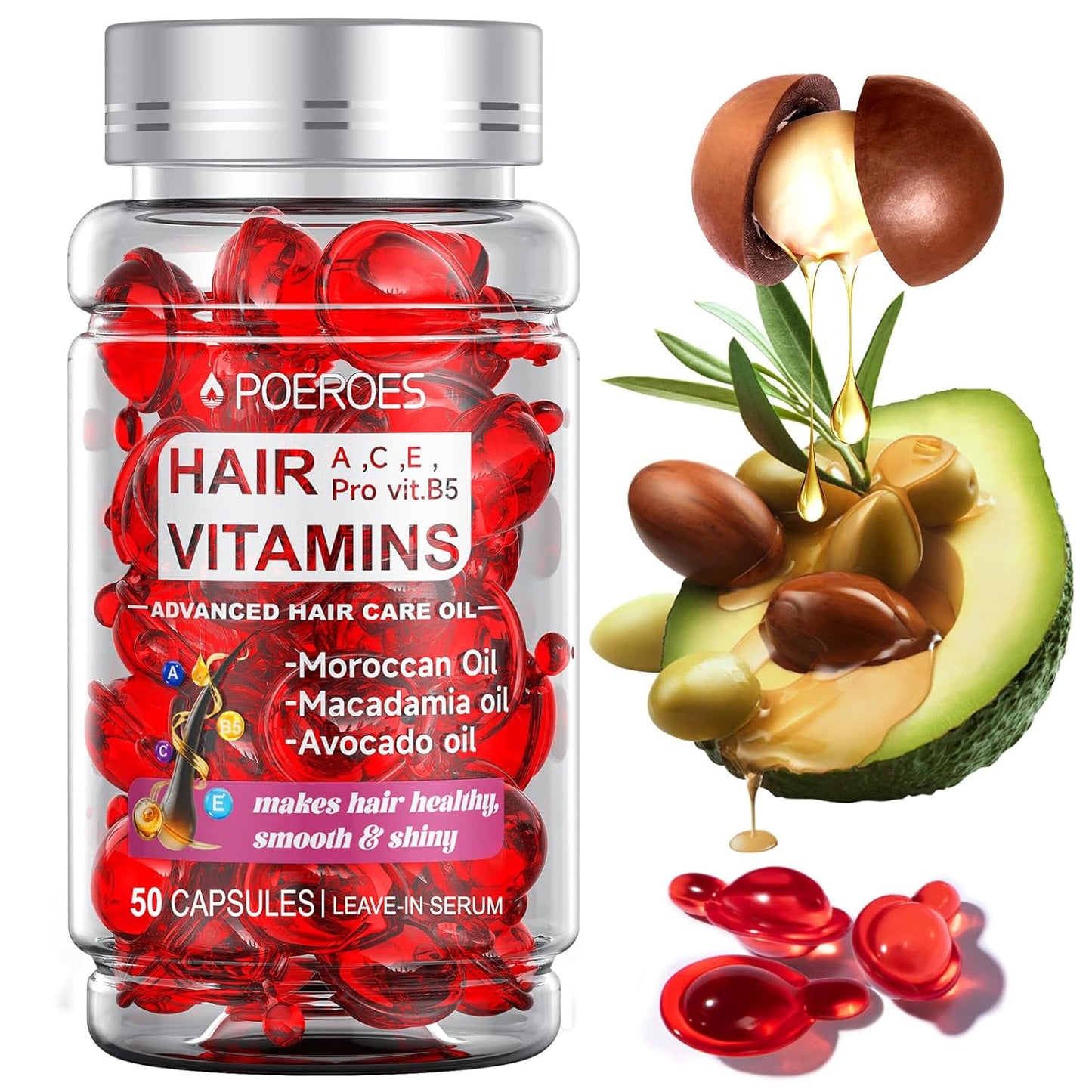 POEROES Hair Oil 50 Capsules - Hair Vitamins A C E Pro B5 - Hair Treatment Serum - Serum for Frizzy and Damaged Hair - Argan & Avocado Oil - Leave in Conditioner for Women & Men