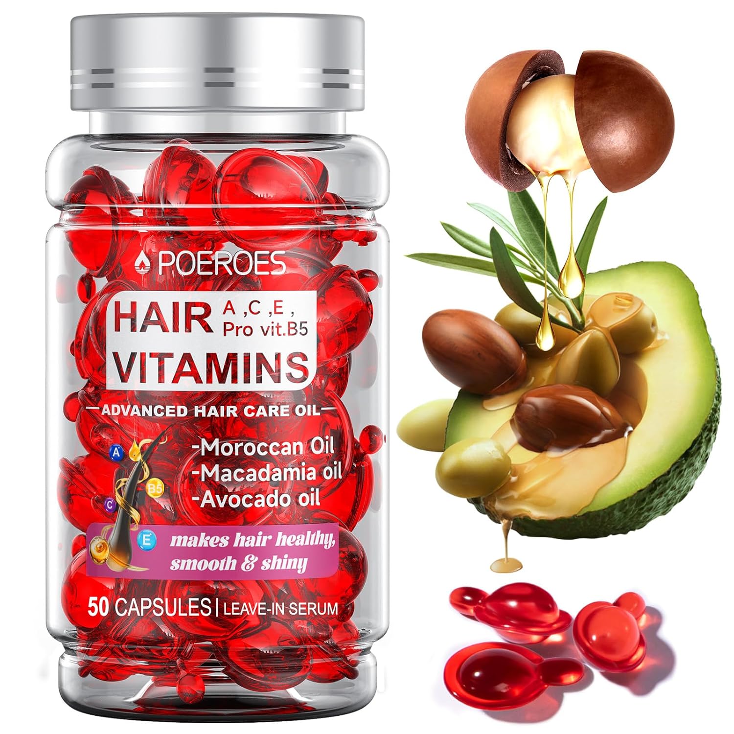 POEROES Hair Oil 50 Capsules - Hair Vitamins A C E Pro B5 - Hair Treatment Serum - Serum for Frizzy and Damaged Hair - Argan & Avocado Oil - Leave in Conditioner for Women & Men
