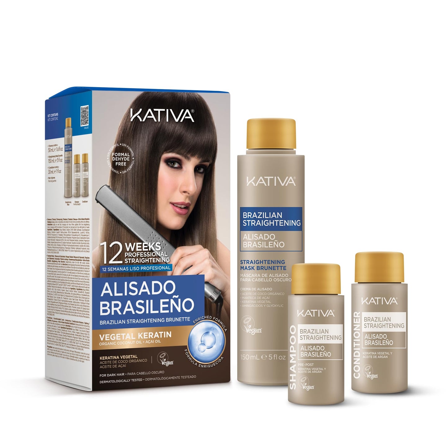 KATIVA Kit de tratamiento de queratina brasileña – Alisado de cabello sin formaldehído en casa con ácido hialurónico – Hasta 12 semanas de control del encrespamiento para cabello rizado, ondulado