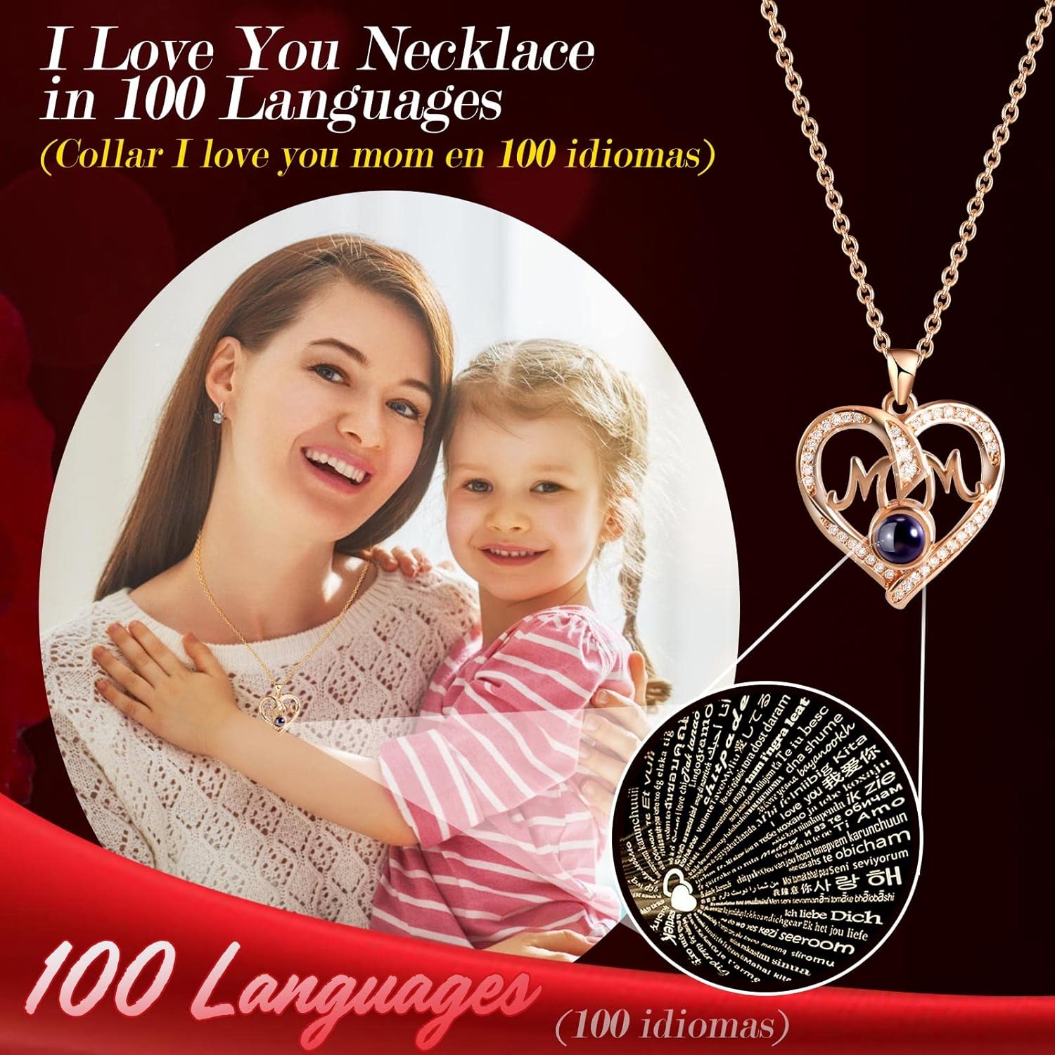 ADDWel Preserved Real Roses with I Love You in 100 Languages Mom Necklace Set, Unique Mothers Day Set for Mom from Son and Daughter, Birthday Gift Box for Mama Mother