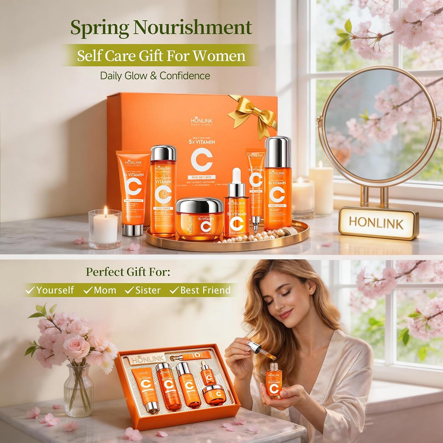 Glown - Juego de 6 piezas para el cuidado de la piel hidratante con 5X vitamina C y niacinamida colágeno, kit de cuidado facial HONLINK incluye tóner, suero facial, limpiador, humectante, crema para