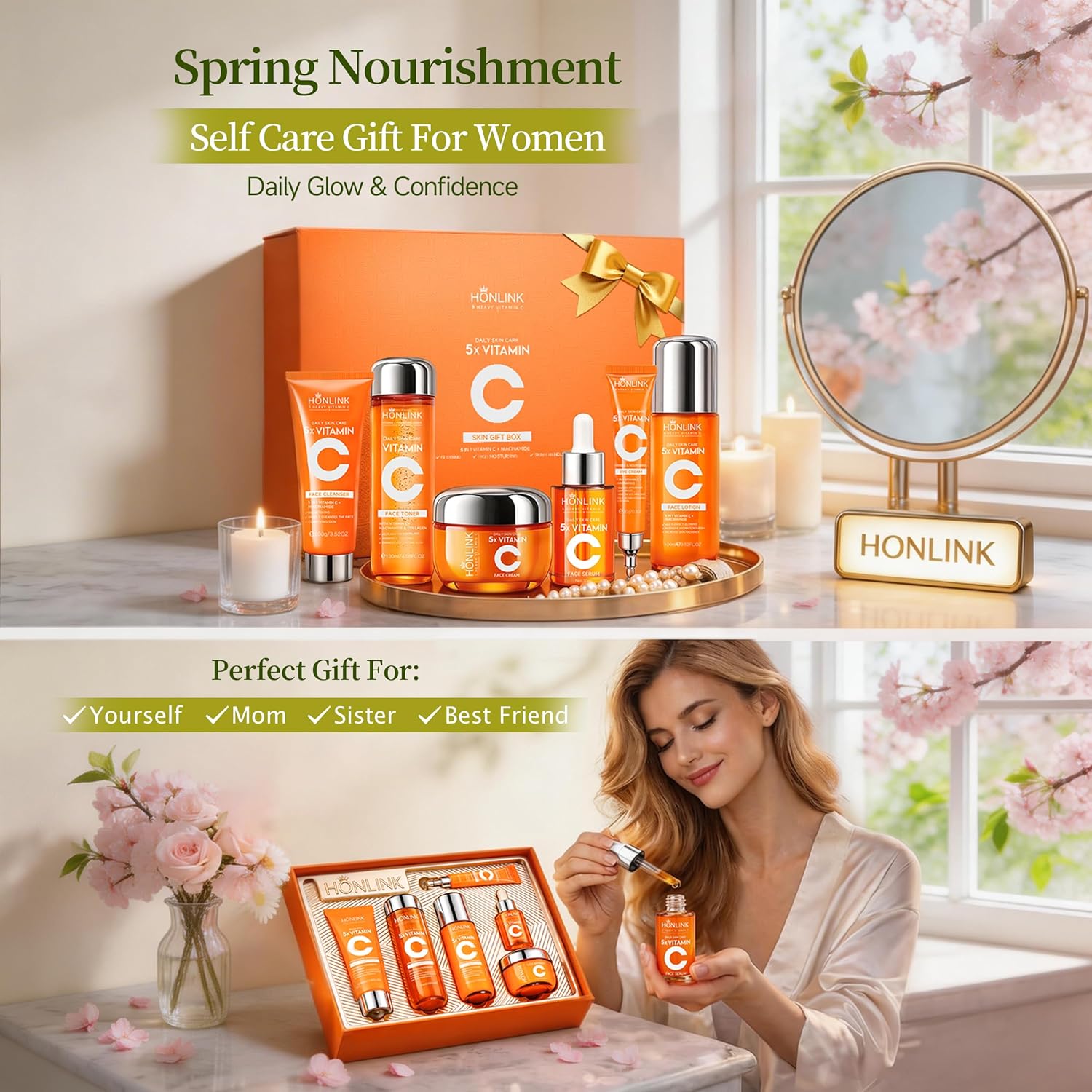 Glown - Juego de 6 piezas para el cuidado de la piel hidratante con 5X vitamina C y niacinamida colágeno, kit de cuidado facial HONLINK incluye tóner, suero facial, limpiador, humectante, crema para