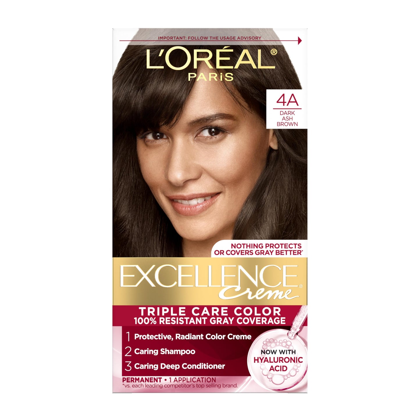 L'Oreal Paris Excellence Crème Tinte Permanente para el Cabello, Color de Cabello de Triple Cuidado con Complejo Pro-Keratine para Cobertura 100% de Canas, 4 Marrón Oscuro, 1 Kit