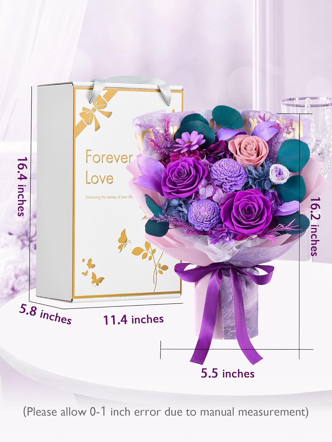 Eterfield Flores para entrega, ramo de flores para el día de la madre, rosas preservadas y flores moradas, regalos de cumpleaños para ella, esposa, mamá, abuela, aniversario, día de San Valentín, Navidad