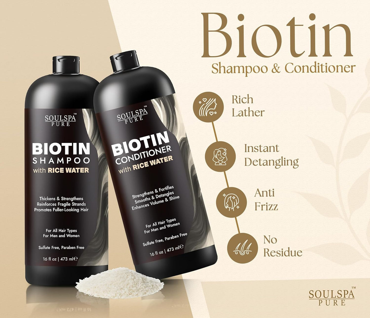 SOULSPA PURE Biotin Rice Water Shampoo and Conditioner Set - Thickening Formula with Rice Protein & Keratin - Strengthening Hair Care for Thinning Hair - Made in USA - 16 fl oz Each