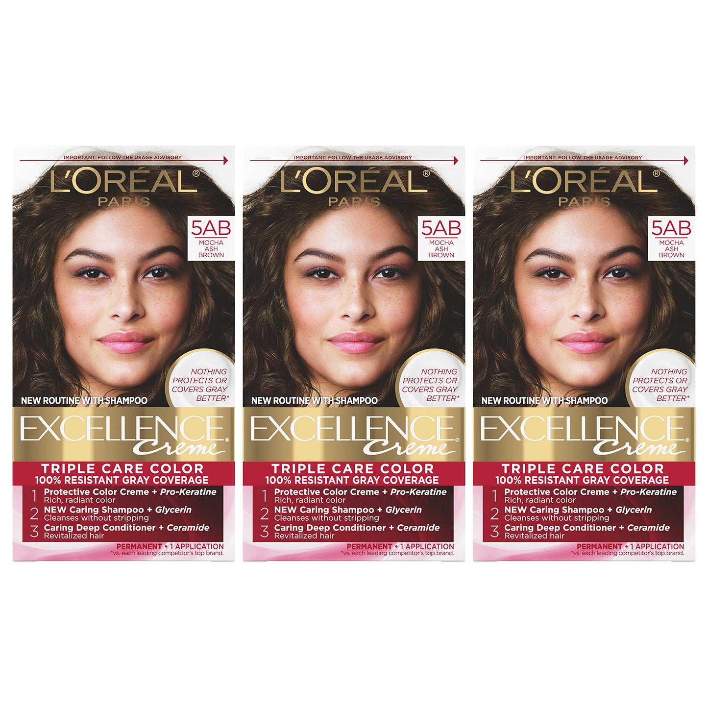 L'Oreal Paris Excellence Crème Tinte Permanente para el Cabello, Color de Cabello de Triple Cuidado con Complejo Pro-Keratine para Cobertura 100% de Canas, 4 Marrón Oscuro, 1 Kit