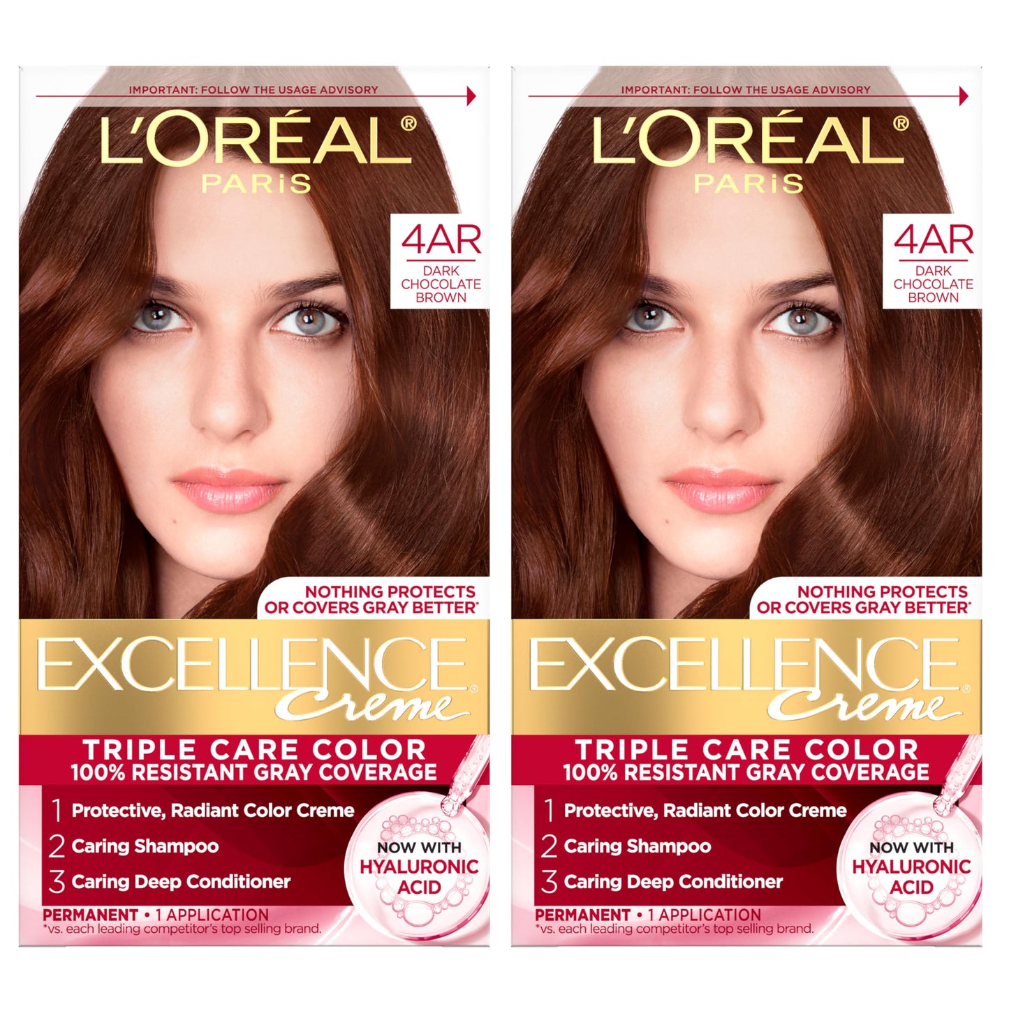L'Oreal Paris Excellence Crème Tinte Permanente para el Cabello, Color de Cabello de Triple Cuidado con Complejo Pro-Keratine para Cobertura 100% de Canas, 4 Marrón Oscuro, 1 Kit