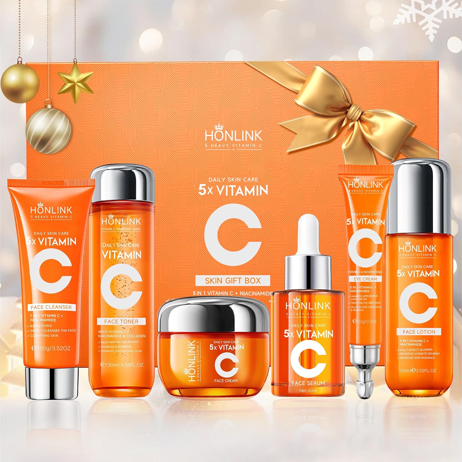 Glown - Juego de 6 piezas para el cuidado de la piel hidratante con 5X vitamina C y niacinamida colágeno, kit de cuidado facial HONLINK incluye tóner, suero facial, limpiador, humectante, crema para