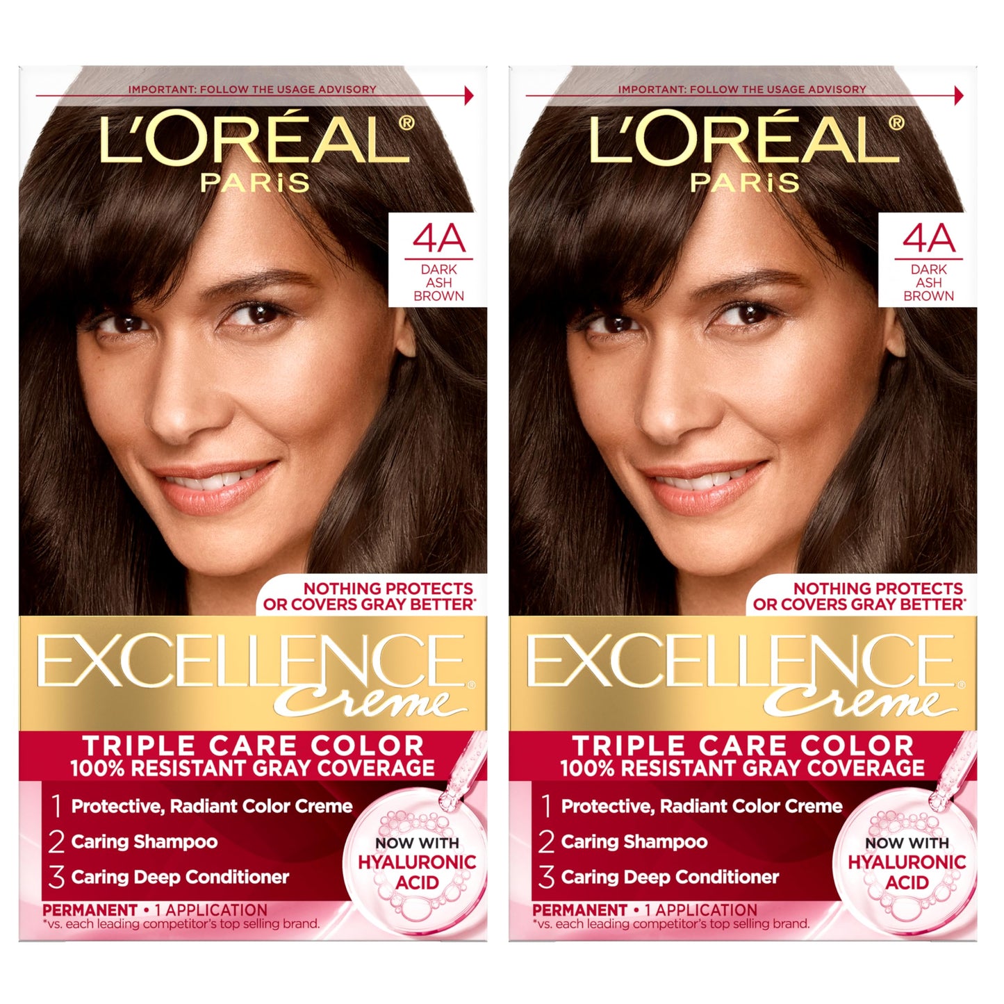 L'Oreal Paris Excellence Crème Tinte Permanente para el Cabello, Color de Cabello de Triple Cuidado con Complejo Pro-Keratine para Cobertura 100% de Canas, 4 Marrón Oscuro, 1 Kit