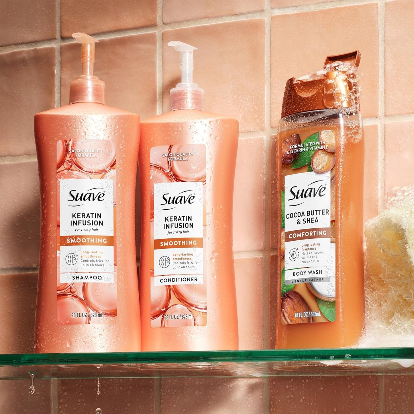 Suave Champú alisador de infusión de queratina para cabello encrespado, antihumedad + control de encrespamiento 48 horas, suaviza y desenreda para un fácil peinado, bomba de 28 onzas líquidas, 4 unidades