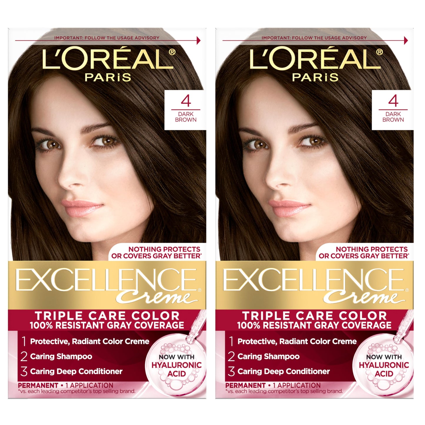 L'Oreal Paris Excellence Crème Tinte Permanente para el Cabello, Color de Cabello de Triple Cuidado con Complejo Pro-Keratine para Cobertura 100% de Canas, 4 Marrón Oscuro, 1 Kit
