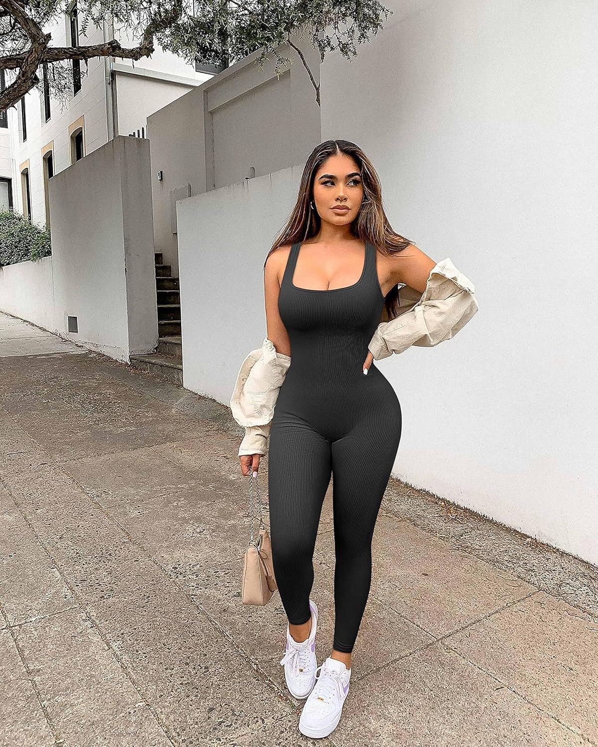 YIOIOIO Women Workout Seamless Jumpsuit Yoga Ribbed Bodycon One Piece Tank Top Leggings Romper