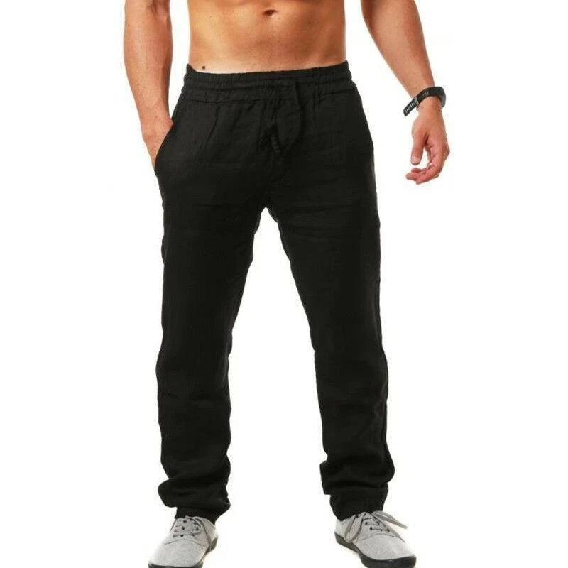 Hot Men Cotton Linen Trousers Solid Color Elastic Waist Loose Long Trousers Men's Hip-hop Breathable Casual Pants