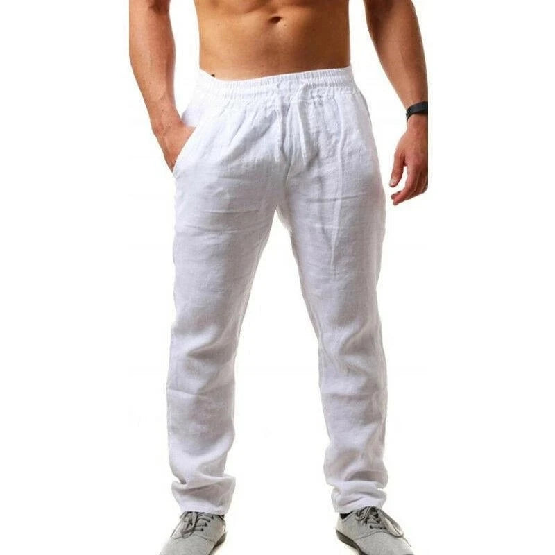 Hot Men Cotton Linen Trousers Solid Color Elastic Waist Loose Long Trousers Men's Hip-hop Breathable Casual Pants