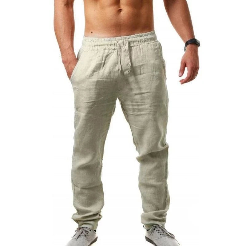 Hot Men Cotton Linen Trousers Solid Color Elastic Waist Loose Long Trousers Men's Hip-hop Breathable Casual Pants