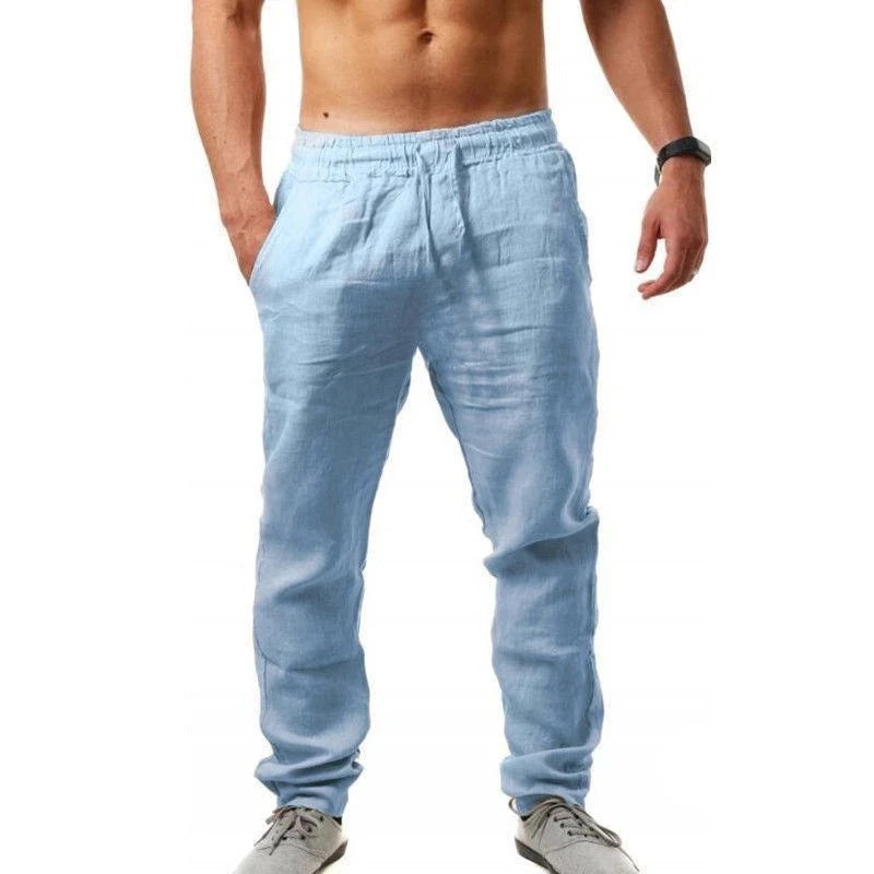 Hot Men Cotton Linen Trousers Solid Color Elastic Waist Loose Long Trousers Men's Hip-hop Breathable Casual Pants