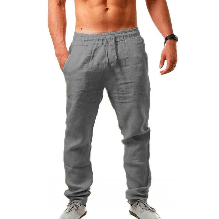 Hot Men Cotton Linen Trousers Solid Color Elastic Waist Loose Long Trousers Men's Hip-hop Breathable Casual Pants