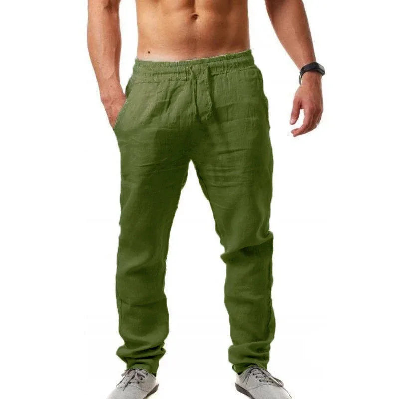 Hot Men Cotton Linen Trousers Solid Color Elastic Waist Loose Long Trousers Men's Hip-hop Breathable Casual Pants