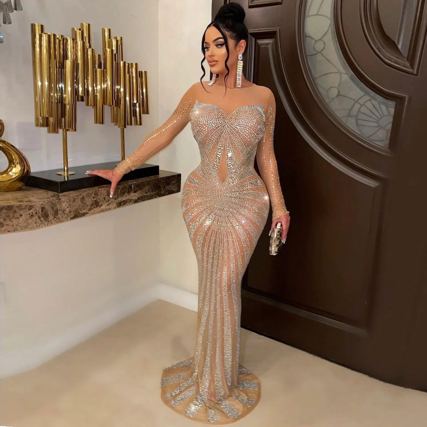 Women's Floor-Length Dress Round Neck Full Sleeve Party Gown Hot Drilling Hip Wrap Sexy Vestidos Evening Slim Fit