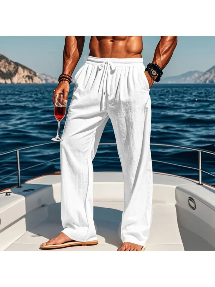 2026 New Men's Cotton and Linen Casual Pants, Straight-Leg, Simple and Comfortable, with Drawstring Waist