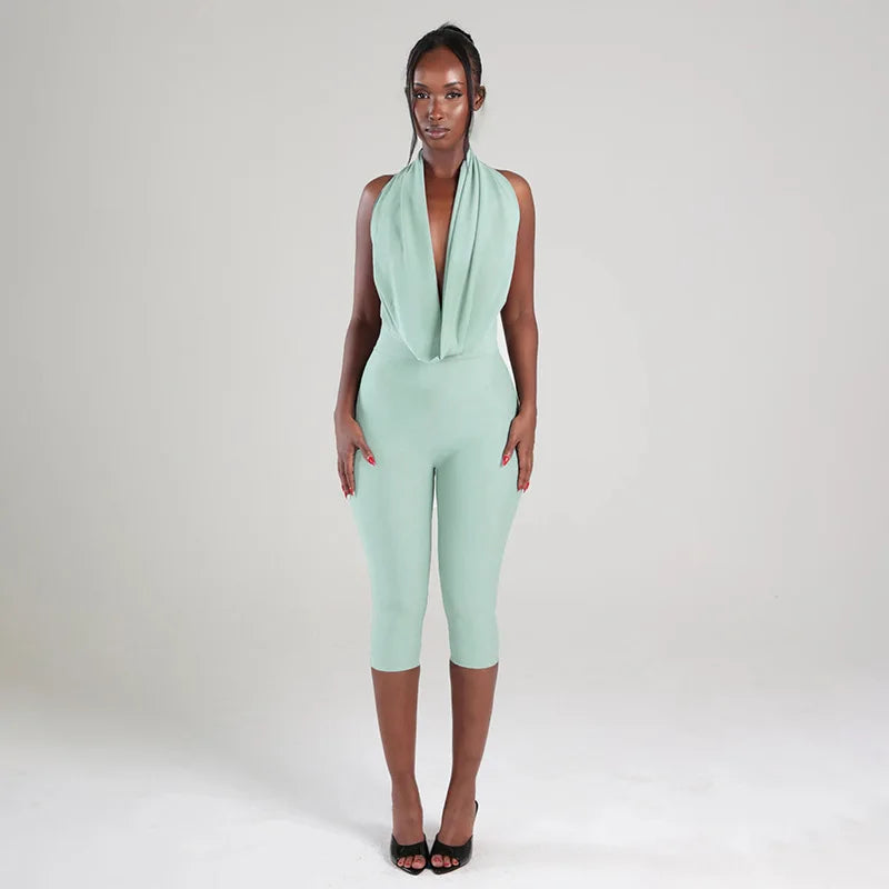 FAGADOER Sexy Bandage Bodycon Jumpsuits for Women Halter Deep V-neck Sleeveless Backless Rompers Female Streetwear Overalls New