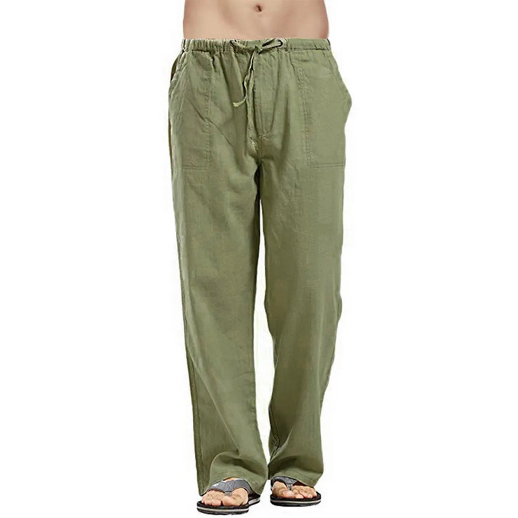 Hot Men Cotton Linen Trousers Solid Color Elastic Waist Loose Long Trousers Men's Hip-hop Breathable Casual Pants