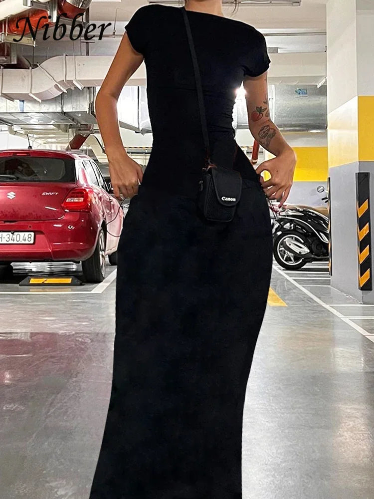 Nibber Solid Sexy Backless Maxi Dress Women Elegant Elastic Slim Short Sleeve Long Dresses Female Bodycon Streetwear Clothing