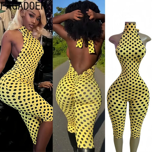 FAGADOER Fashion Color Dot Printing Bodycon Jumpsuits Woman Halter Sleeveless Backless Rompers Female Streetwear Overalls