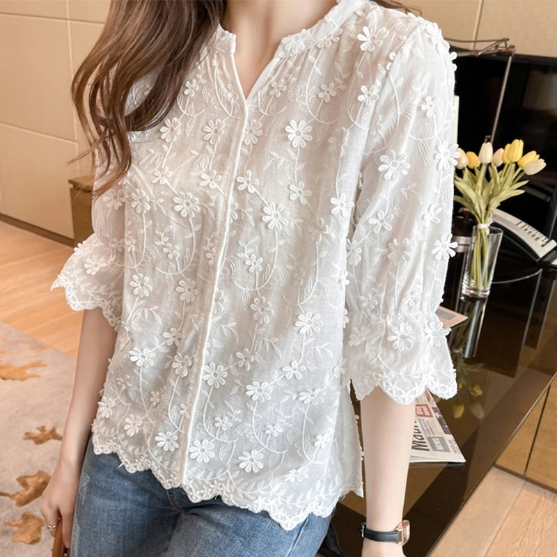 Summer Elegant Lace Tops for Women, Embroidery Floral Cotton White Shirt, 2026 Fashion Spring Casual Short Sleeve Blouses 9638