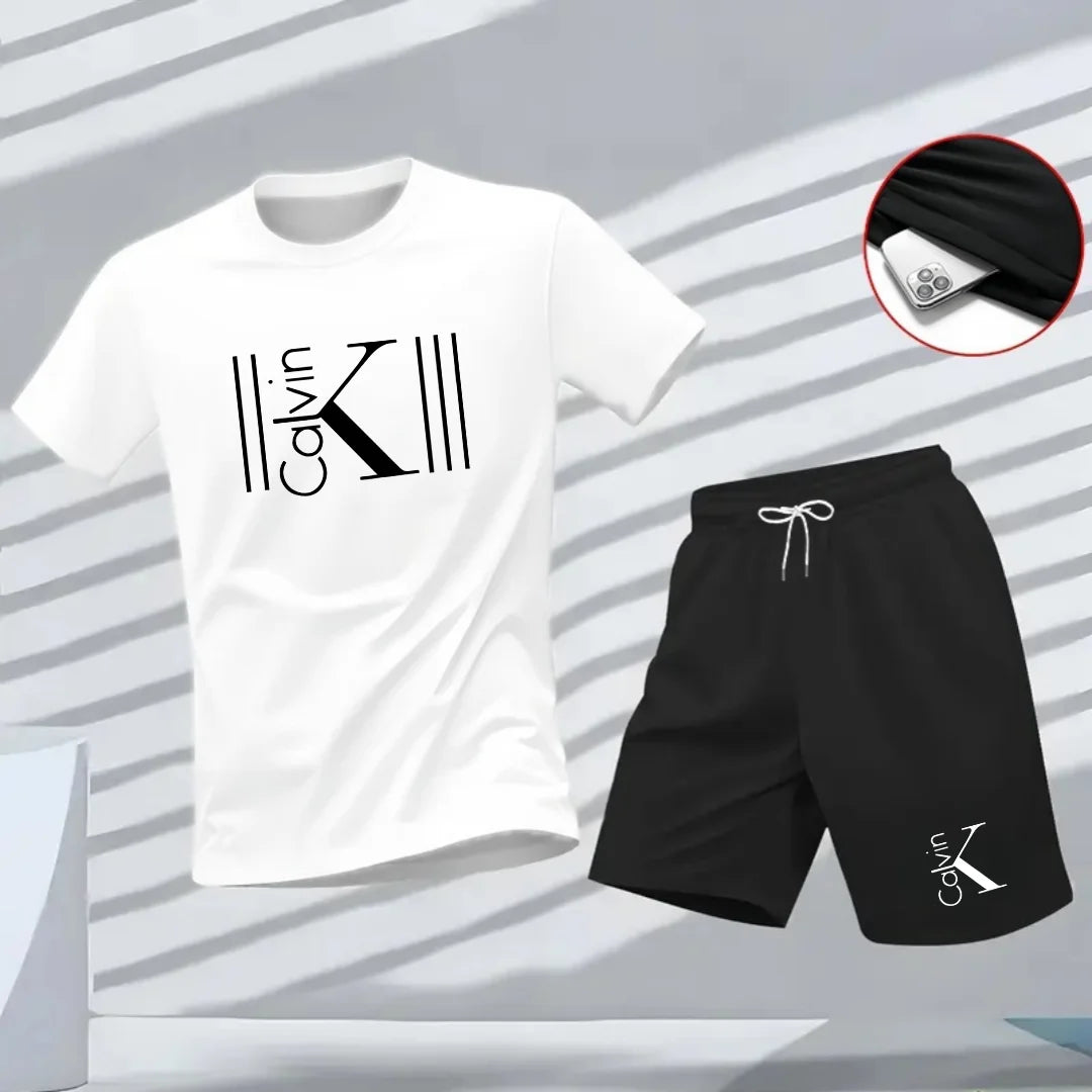 2025 Men's Breathable Sports Pattern Printed T-shirt Casual Fashion Short-sleeved T-shirt Summer Streetwear Top Two-Piece Set.