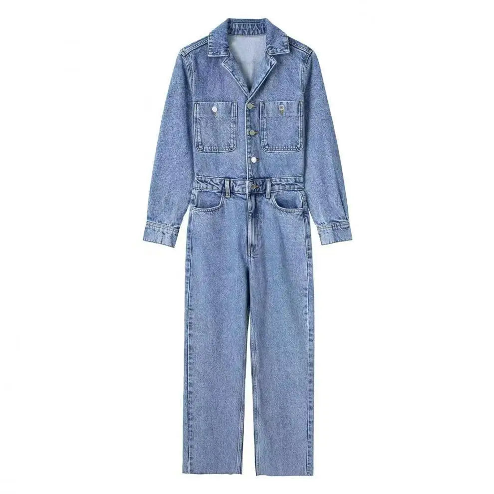 Women's Long-Sleeved Jumpsuit Jeans Fashionable Button-Front Collar with Pockets Straight-Leg Slim-Fit Denim Jumpsuit