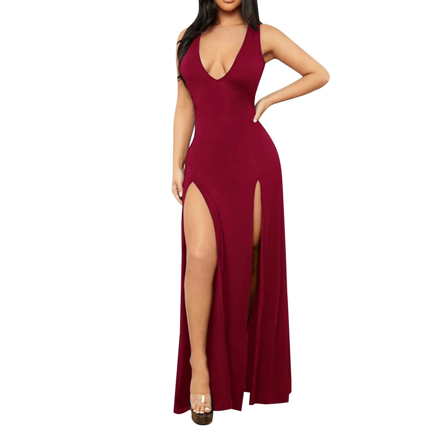 Sexy High Slit Women's Dresses 2025 Summer Deep V Neck Casual Blue Party Evening Dresses Elegant Bodycon Slim Night Club Dress