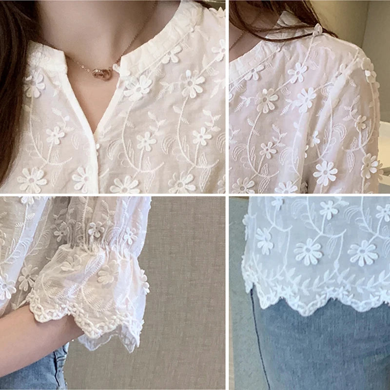 Summer Elegant Lace Tops for Women, Embroidery Floral Cotton White Shirt, 2026 Fashion Spring Casual Short Sleeve Blouses 9638