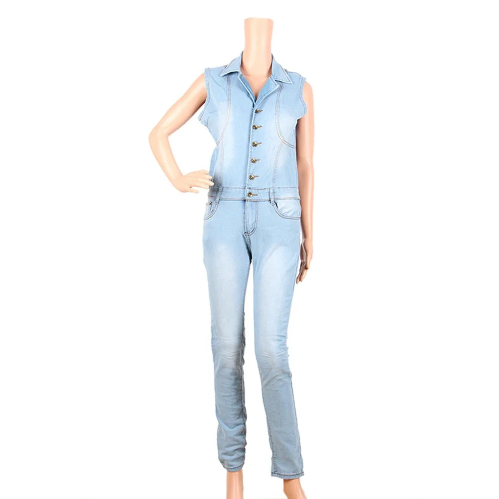 Women's Denim Jumpsuit Sexy Slim Fit Zipper Sleeveless V-Neck High Waist Fashion Jean Pants Romper