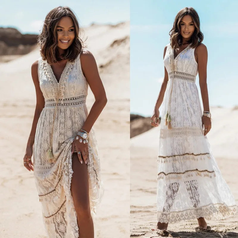 Women's Summer Boho Dresses Sexy V-Neck Sleeveless Lace Casual Tassel Beach Spaghetti Straps Flowy Swing Ruffle Maxi Sun Dress