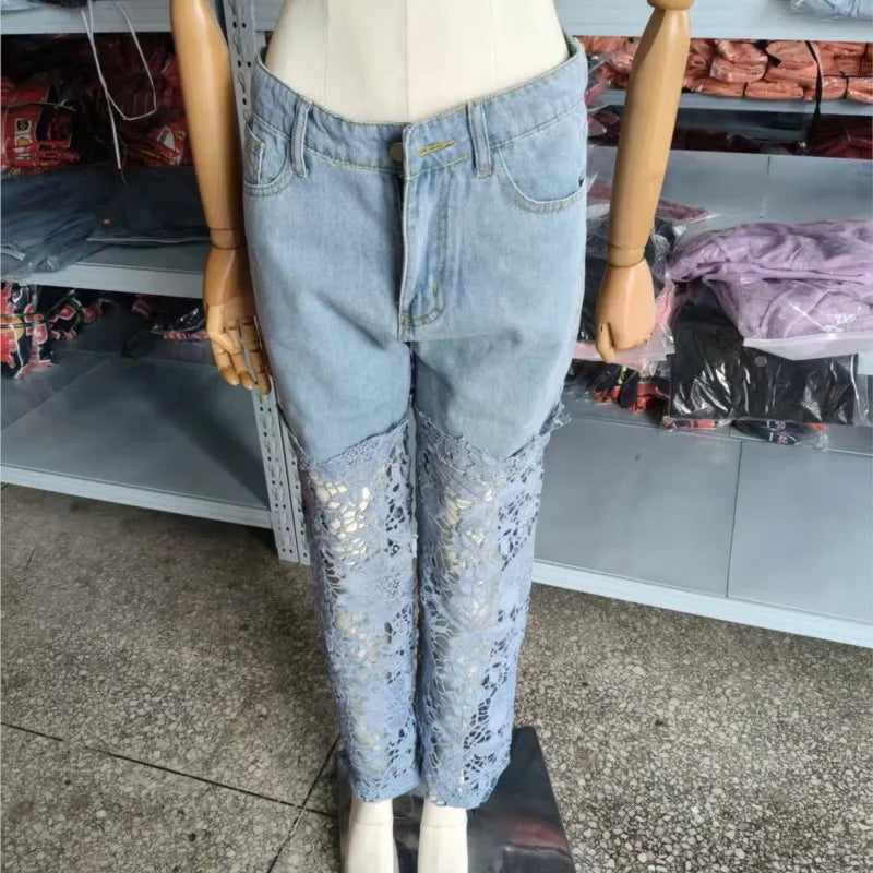 Fashion Elegant Jeans for Women High Waist Lace Patchwork Pants Hollow Out Oversized Spring Casual Loose All Match Pants